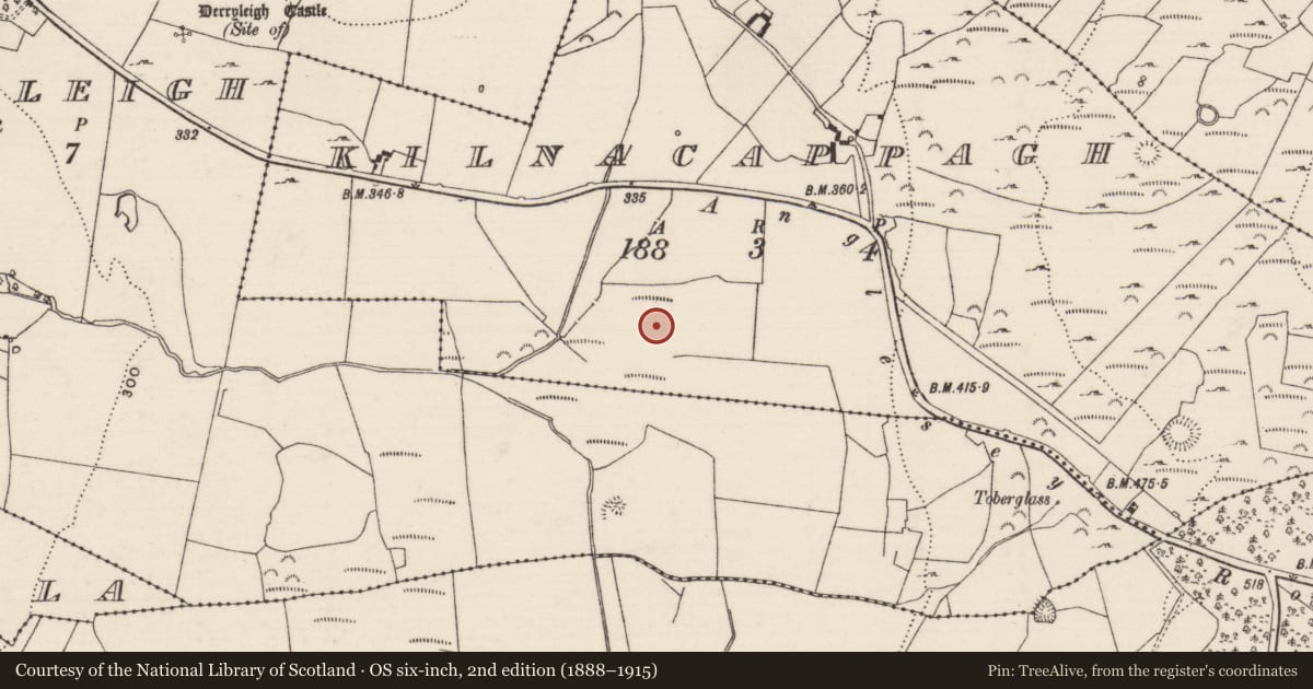 Ordnance Survey six-inch map, 2nd edition (1888–1915) covering the location of Barrow - ring-barrow, Kilnacappagh, County Tipperary North, with a pin at the register's coordinates