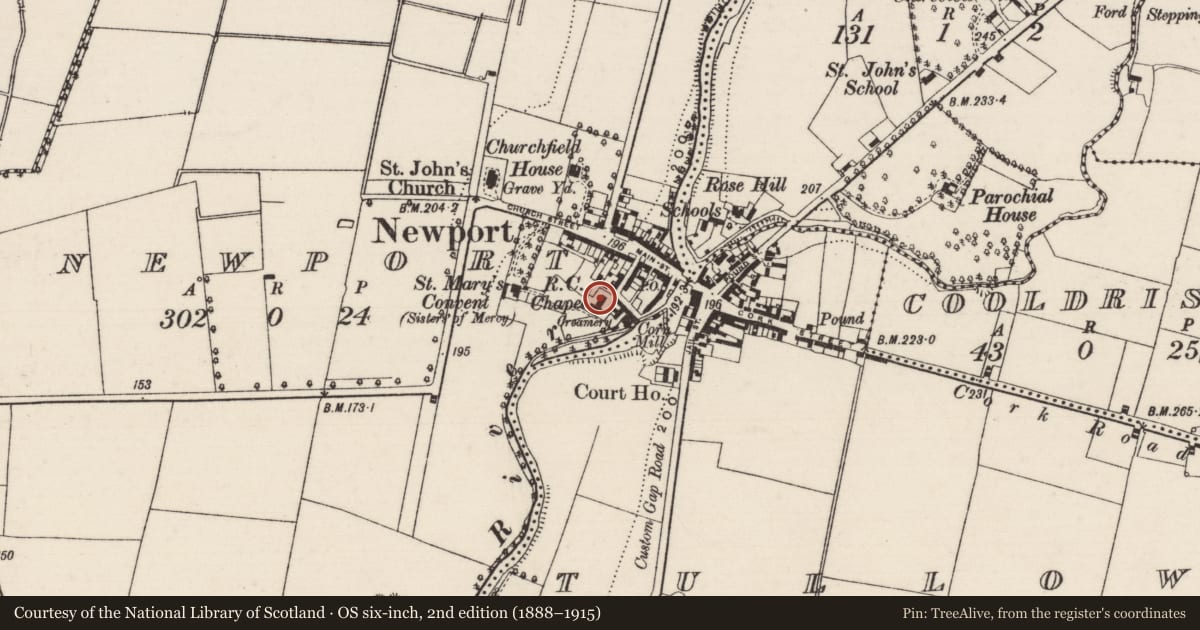 Ordnance Survey six-inch map, 2nd edition (1888–1915) covering the location of Font (present location), Newport, County Tipperary North, with a pin at the register's coordinates