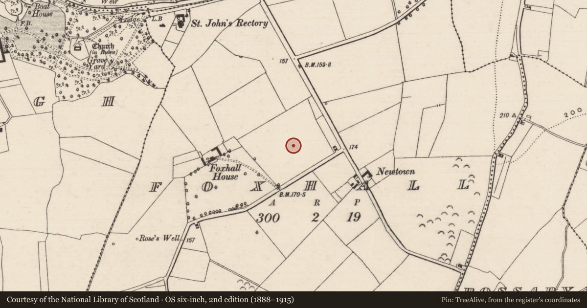 Ordnance Survey six-inch map, 2nd edition (1888–1915) covering the location of Designed landscape - tree-ring, Foxhall, County Tipperary North, with a pin at the register's coordinates