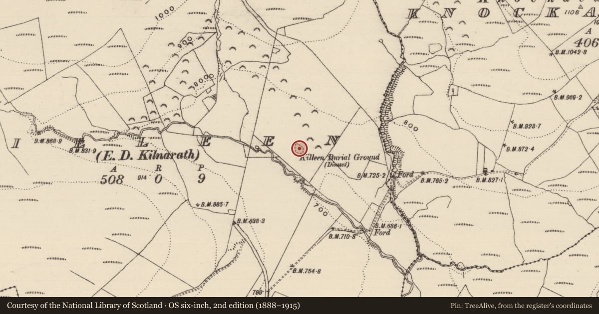 Ordnance Survey six-inch map, 2nd edition (1888–1915) covering the location of Children's burial ground, Killeen (Killoscully Par.), County Tipperary North, with a pin at the register's coordinates