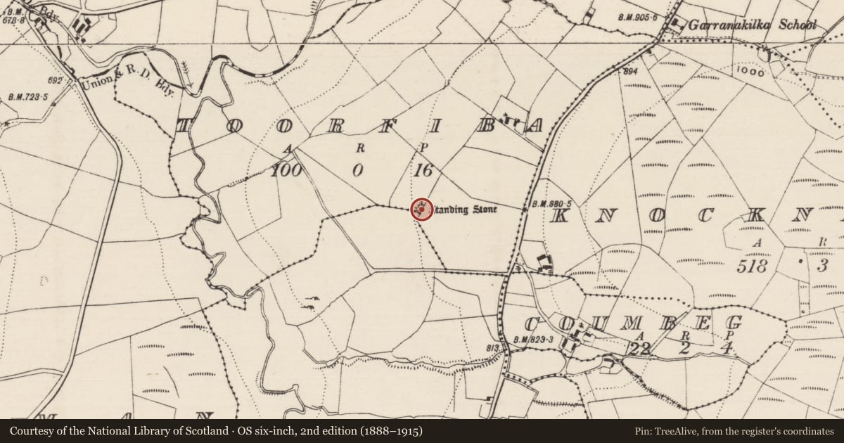 Ordnance Survey six-inch map, 2nd edition (1888–1915) covering the location of Standing stone, Toorfiba, County Tipperary North, with a pin at the register's coordinates