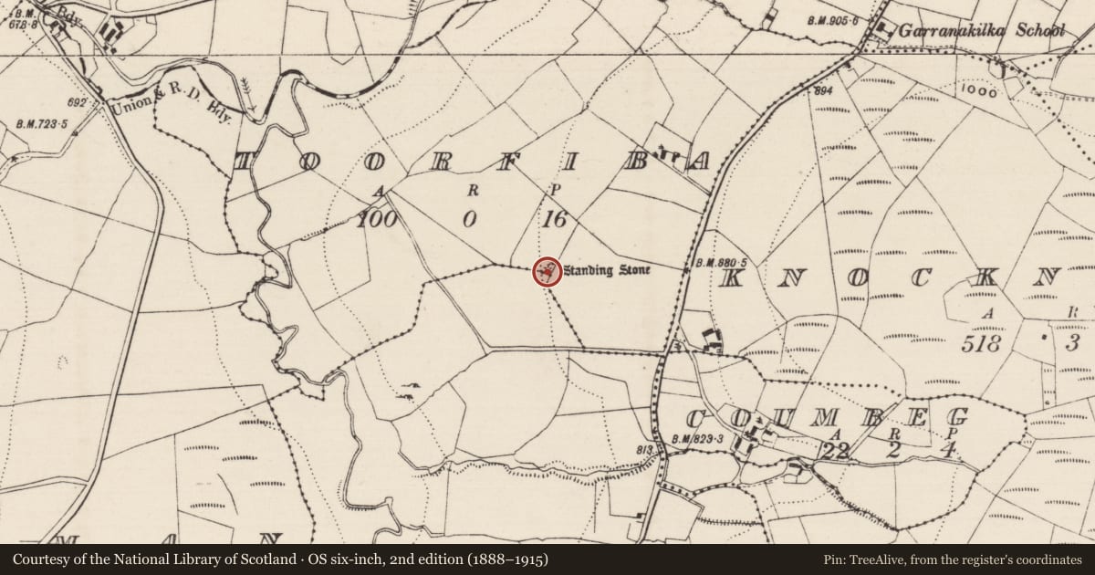 Ordnance Survey six-inch map, 2nd edition (1888–1915) covering the location of Barrow - ring-barrow, Toorfiba, County Tipperary North, with a pin at the register's coordinates
