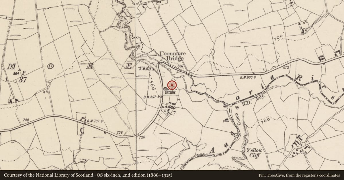 Ordnance Survey six-inch map, 2nd edition (1888–1915) covering the location of Children's burial ground, Coonmore, County Tipperary North, with a pin at the register's coordinates