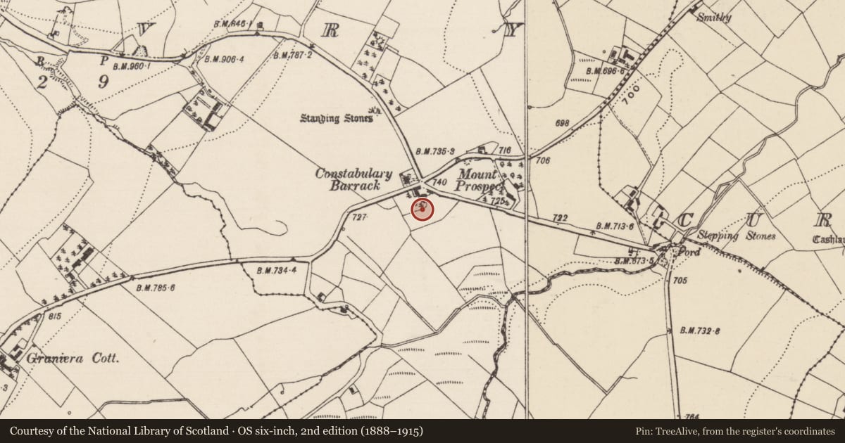 Ordnance Survey six-inch map, 2nd edition (1888–1915) covering the location of Enclosure, Shevry, County Tipperary North, with a pin at the register's coordinates