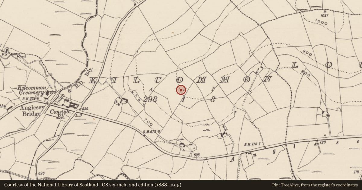 Ordnance Survey six-inch map, 2nd edition (1888–1915) covering the location of Enclosure, Kilcommon (Templebeg Par.), County Tipperary North, with a pin at the register's coordinates