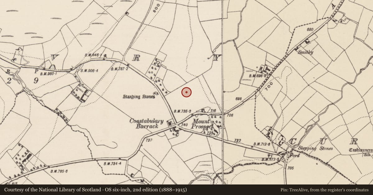 Ordnance Survey six-inch map, 2nd edition (1888–1915) covering the location of Barrow - ditch barrow, Shevry, County Tipperary North, with a pin at the register's coordinates