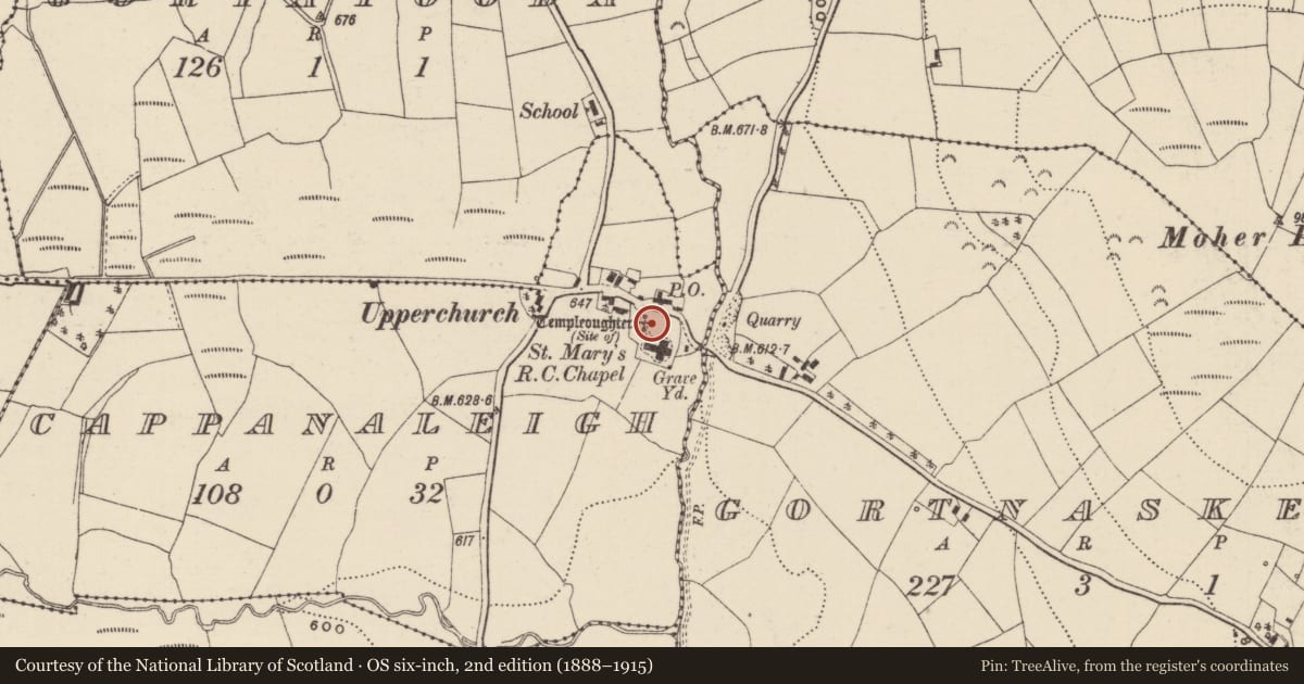 Ordnance Survey six-inch map, 2nd edition (1888–1915) covering the location of Graveyard, Cappanaleigh, County Tipperary North, with a pin at the register's coordinates