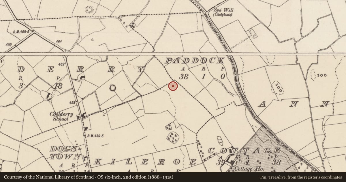 Ordnance Survey six-inch map, 2nd edition (1888–1915) covering the location of Enclosure, Kileroe, County Tipperary North, with a pin at the register's coordinates