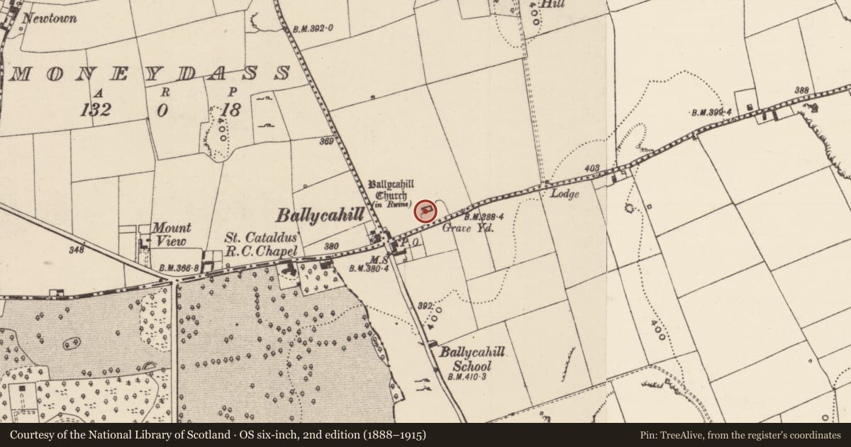 Ordnance Survey six-inch map, 2nd edition (1888–1915) covering the location of Church, County Tipperary North, with a pin at the register's coordinates
