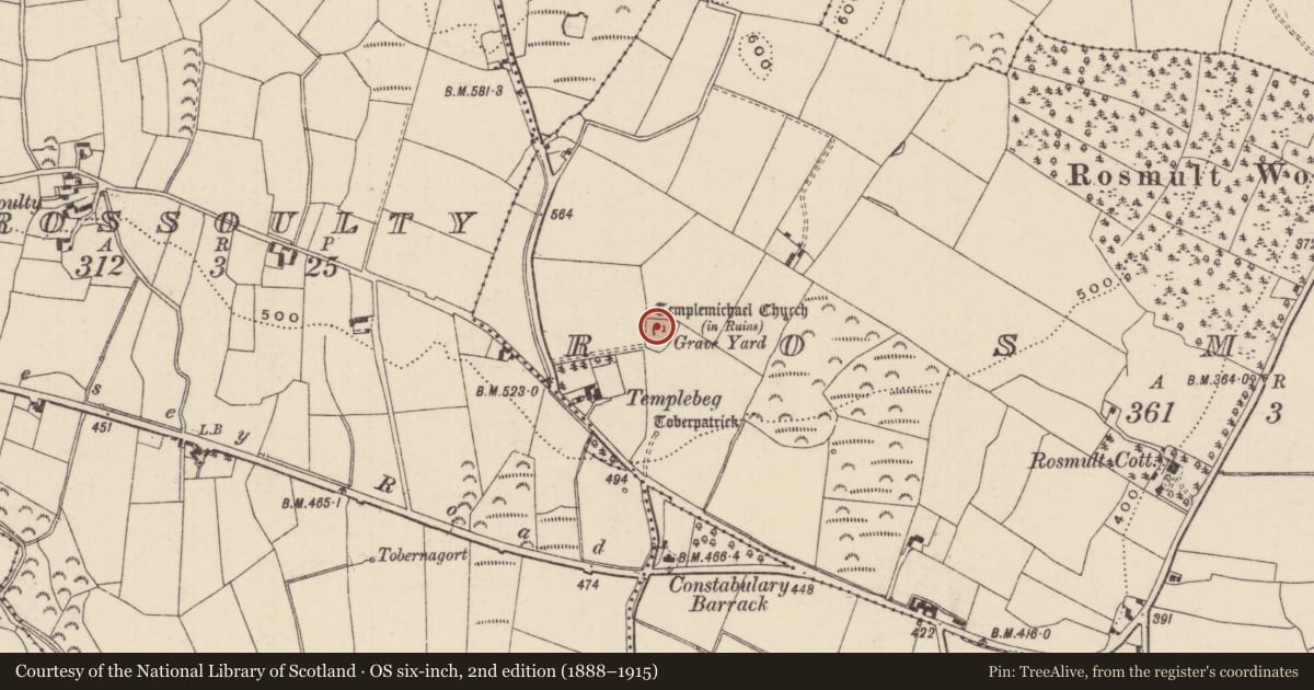 Ordnance Survey six-inch map, 2nd edition (1888–1915) covering the location of Church, Rosmult, County Tipperary North, with a pin at the register's coordinates