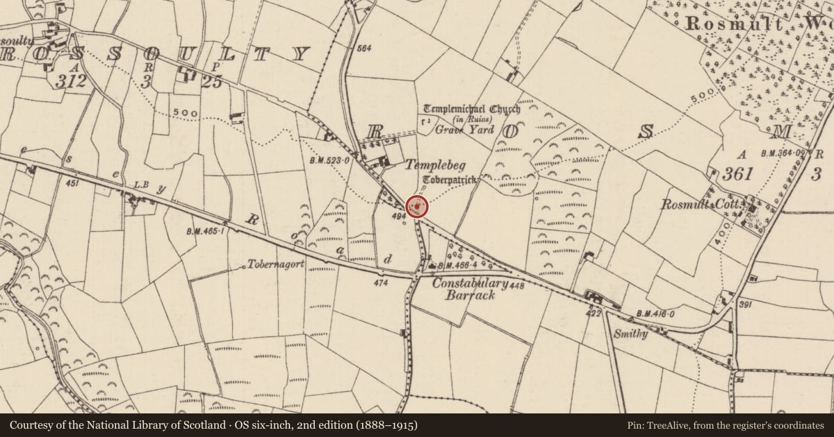 Ordnance Survey six-inch map, 2nd edition (1888–1915) covering the location of Enclosure, Rosmult, County Tipperary North, with a pin at the register's coordinates