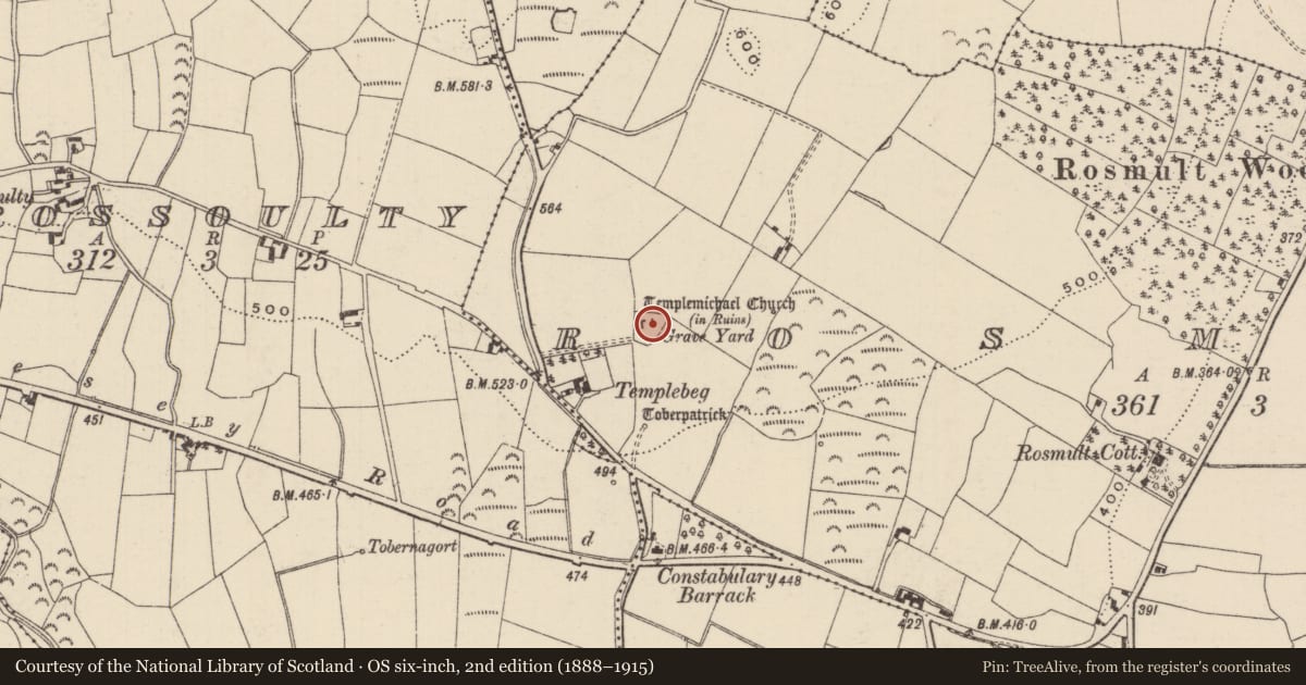 Ordnance Survey six-inch map, 2nd edition (1888–1915) covering the location of Graveyard, Rosmult, County Tipperary North, with a pin at the register's coordinates