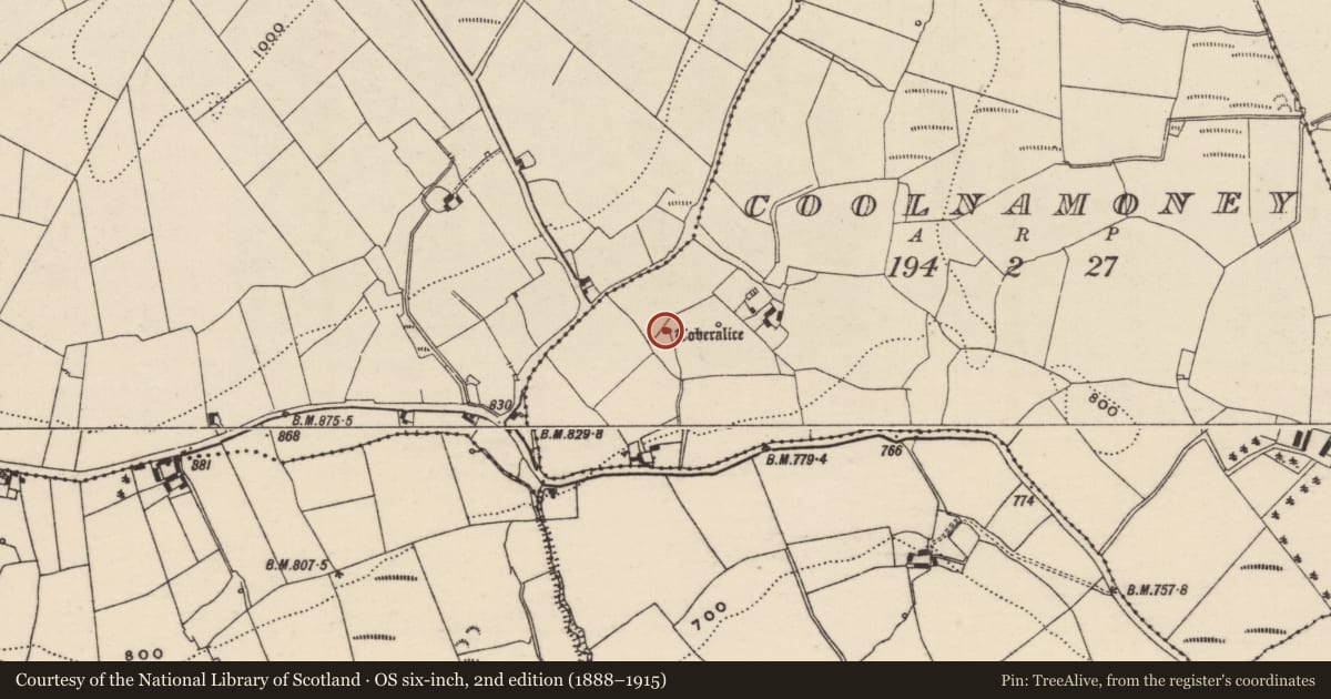 Ordnance Survey six-inch map, 2nd edition (1888–1915) covering the location of Ritual site - holy well, Coolnamoney, County Tipperary North, with a pin at the register's coordinates
