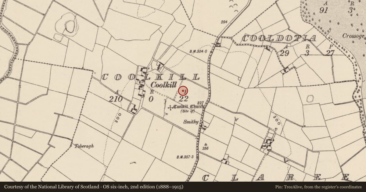 Ordnance Survey six-inch map, 2nd edition (1888–1915) covering the location of Enclosure, Coolkill (Moyaliff Par.), County Tipperary North, with a pin at the register's coordinates