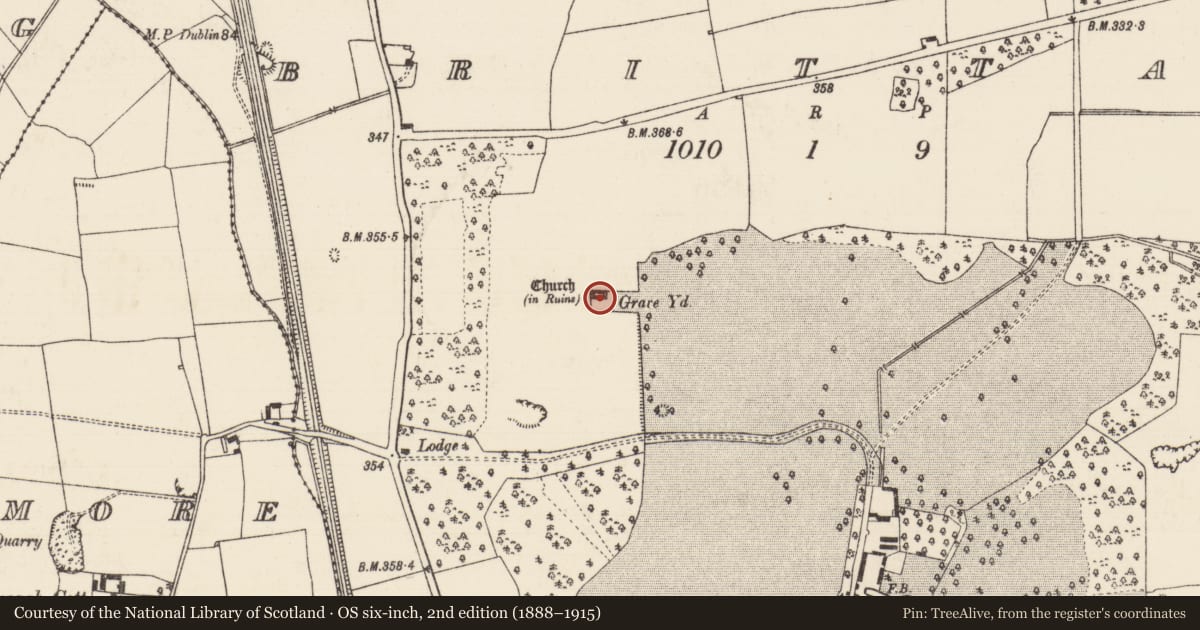 Ordnance Survey six-inch map, 2nd edition (1888–1915) covering the location of Church, Brittas (Thurles Par.), County Tipperary North, with a pin at the register's coordinates