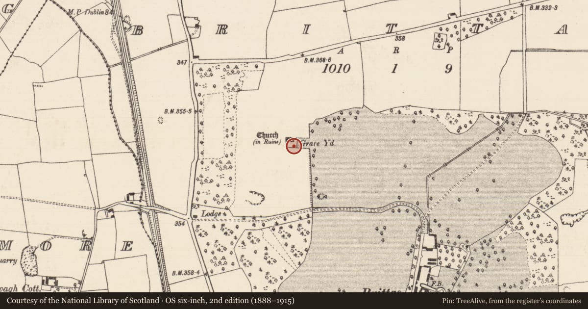 Ordnance Survey six-inch map, 2nd edition (1888–1915) covering the location of Graveyard, Brittas (Thurles Par.), County Tipperary North, with a pin at the register's coordinates