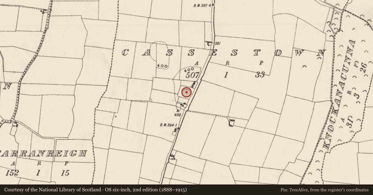 Ordnance Survey six-inch map, 2nd edition (1888–1915) covering the location of Ringfort - rath, Cassestown, County Tipperary North, with a pin at the register's coordinates