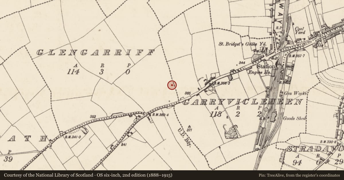 Ordnance Survey six-inch map, 2nd edition (1888–1915) covering the location of Enclosure, Glengarriff, County Tipperary North, with a pin at the register's coordinates