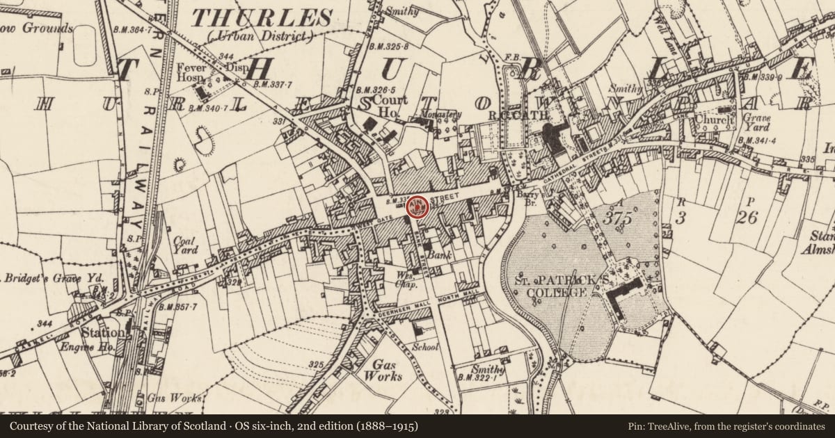 Ordnance Survey six-inch map, 2nd edition (1888–1915) covering the location of Historic town, County Tipperary North, with a pin at the register's coordinates