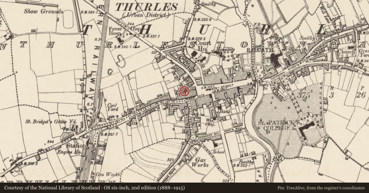 Ordnance Survey six-inch map, 2nd edition (1888–1915) covering the location of Castle - tower house, Thurles Townparks, County Tipperary North, with a pin at the register's coordinates