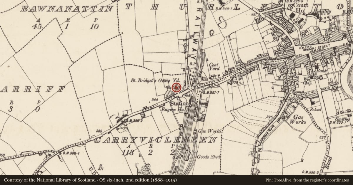 Ordnance Survey six-inch map, 2nd edition (1888–1915) covering the location of Church, Garryvicleheen, County Tipperary North, with a pin at the register's coordinates