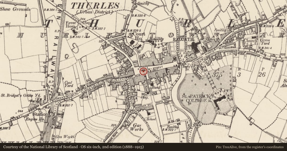 Ordnance Survey six-inch map, 2nd edition (1888–1915) covering the location of Town defences, Thurles Townparks, County Tipperary North, with a pin at the register's coordinates