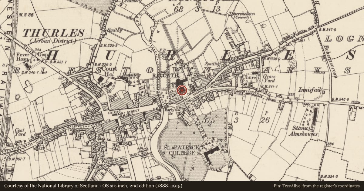 Ordnance Survey six-inch map, 2nd edition (1888–1915) covering the location of Religious house - Carmelite friars, Thurles Townparks, County Tipperary North, with a pin at the register's coordinates