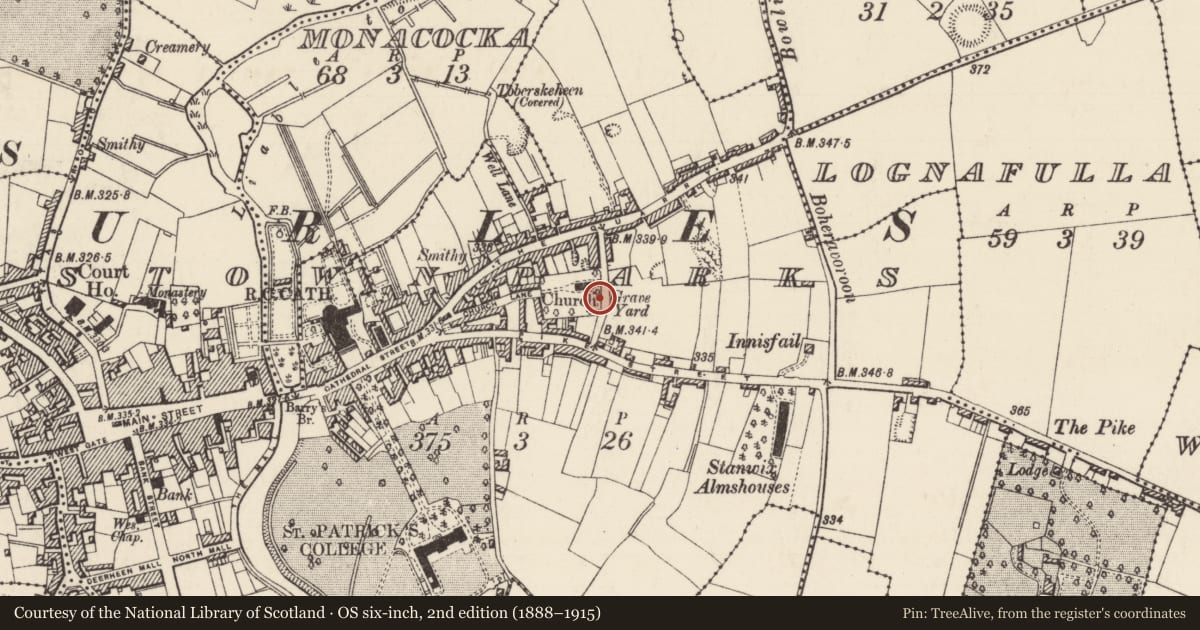 Ordnance Survey six-inch map, 2nd edition (1888–1915) covering the location of Tomb - effigial, Thurles Townparks, County Tipperary North, with a pin at the register's coordinates