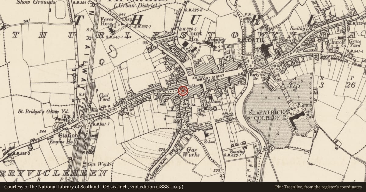 Ordnance Survey six-inch map, 2nd edition (1888–1915) covering the location of Gateway, Thurles Townparks, County Tipperary North, with a pin at the register's coordinates