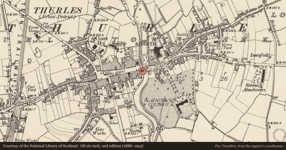 Ordnance Survey six-inch map, 2nd edition (1888–1915) covering the location of Gateway, Thurles Townparks, County Tipperary North, with a pin at the register's coordinates