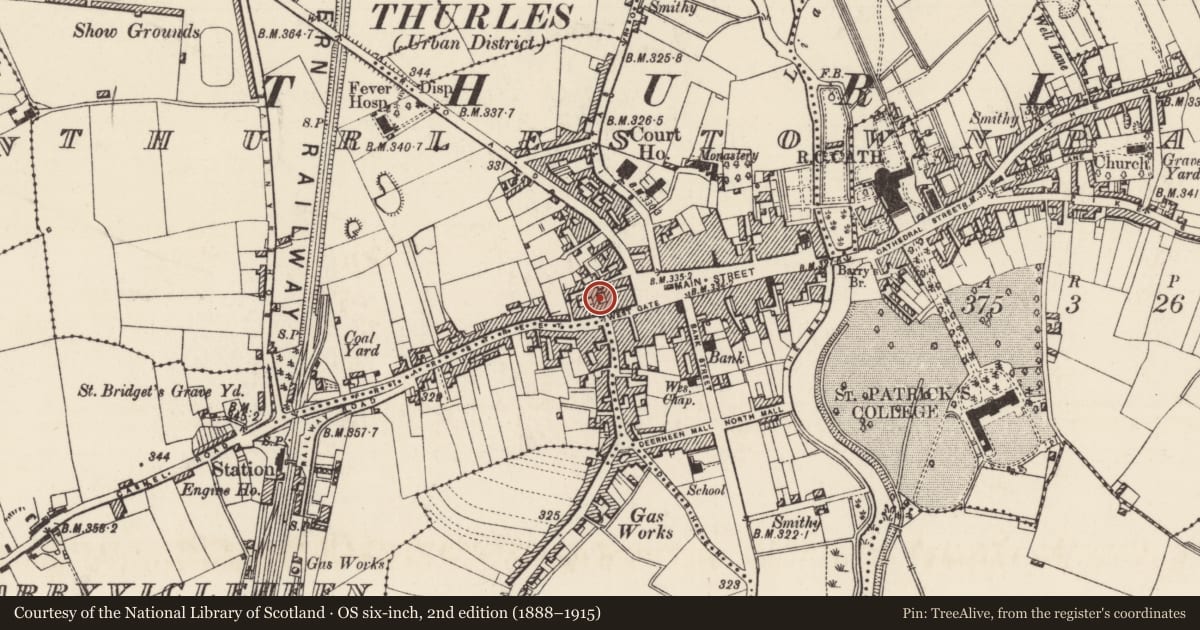 Ordnance Survey six-inch map, 2nd edition (1888–1915) covering the location of House - indeterminate date, Thurles Townparks, County Tipperary North, with a pin at the register's coordinates