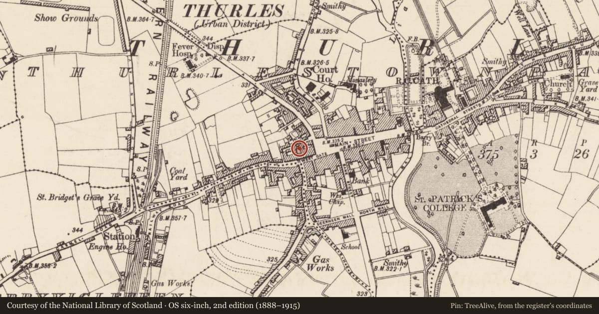 Ordnance Survey six-inch map, 2nd edition (1888–1915) covering the location of Bawn, Thurles Townparks, County Tipperary North, with a pin at the register's coordinates