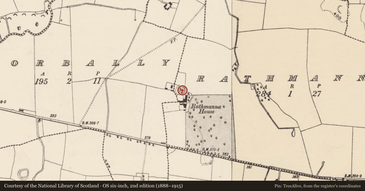 Ordnance Survey six-inch map, 2nd edition (1888–1915) covering the location of Ringfort - rath, Corbally (Rahelty Par.), Rathmanna (Rahelty Par.), County Tipperary North, with a pin at the register's coordinates
