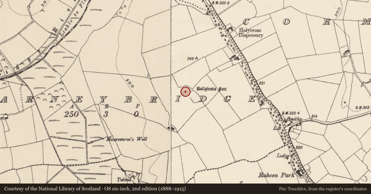 Ordnance Survey six-inch map, 2nd edition (1888–1915) covering the location of Ringfort - rath, Farneybridge, County Tipperary North, with a pin at the register's coordinates