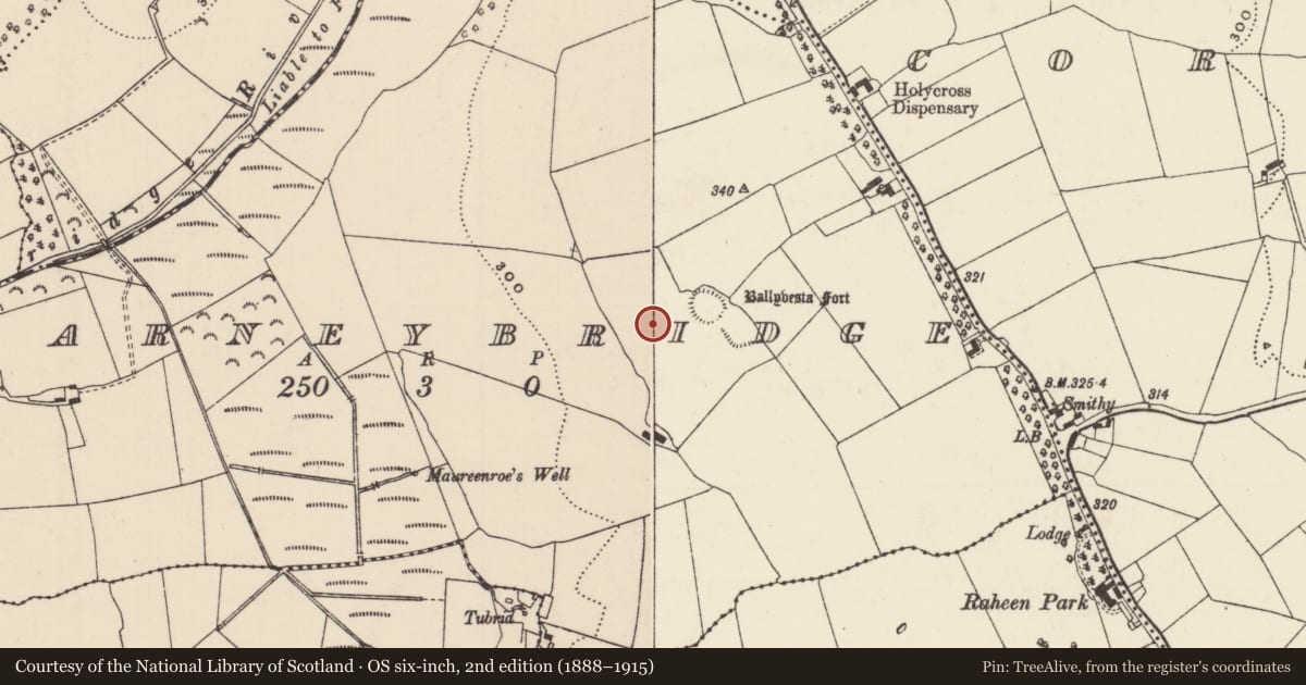Ordnance Survey six-inch map, 2nd edition (1888–1915) covering the location of Enclosure, Farneybridge, County Tipperary North, with a pin at the register's coordinates