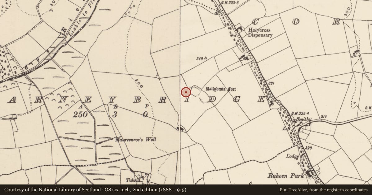 Ordnance Survey six-inch map, 2nd edition (1888–1915) covering the location of Enclosure, Farneybridge, County Tipperary North, with a pin at the register's coordinates