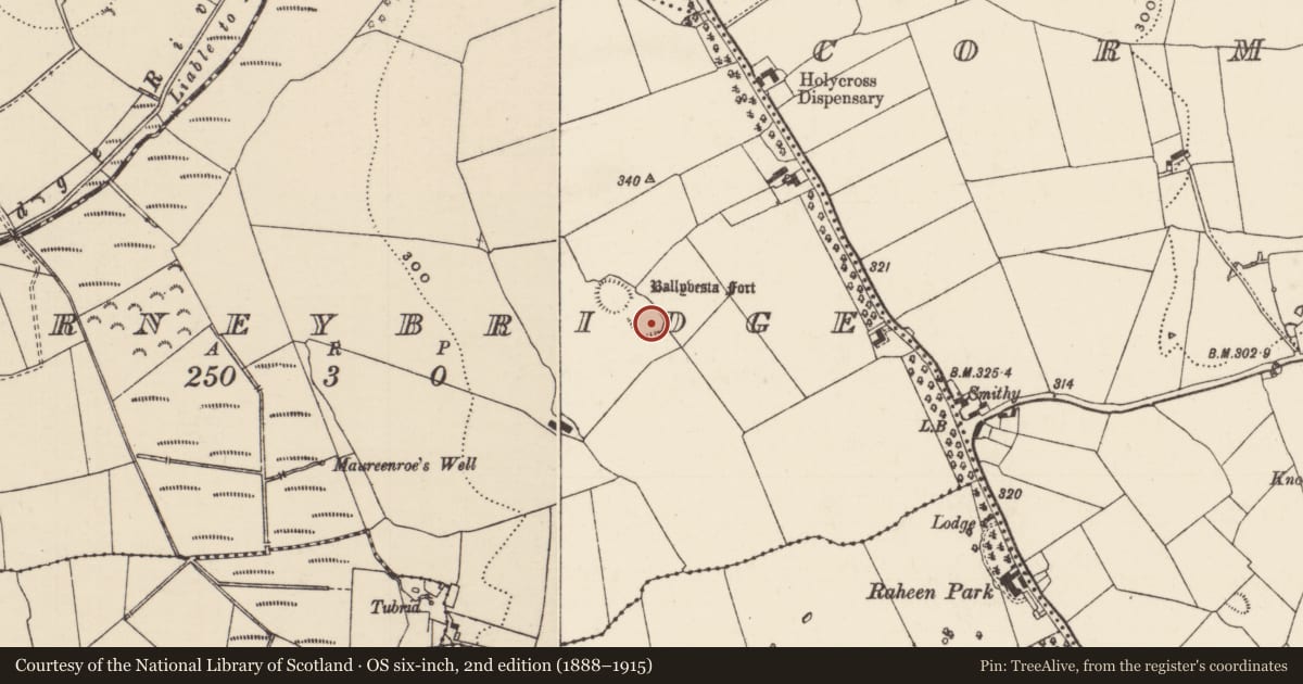 Ordnance Survey six-inch map, 2nd edition (1888–1915) covering the location of Enclosure, Farneybridge, County Tipperary North, with a pin at the register's coordinates