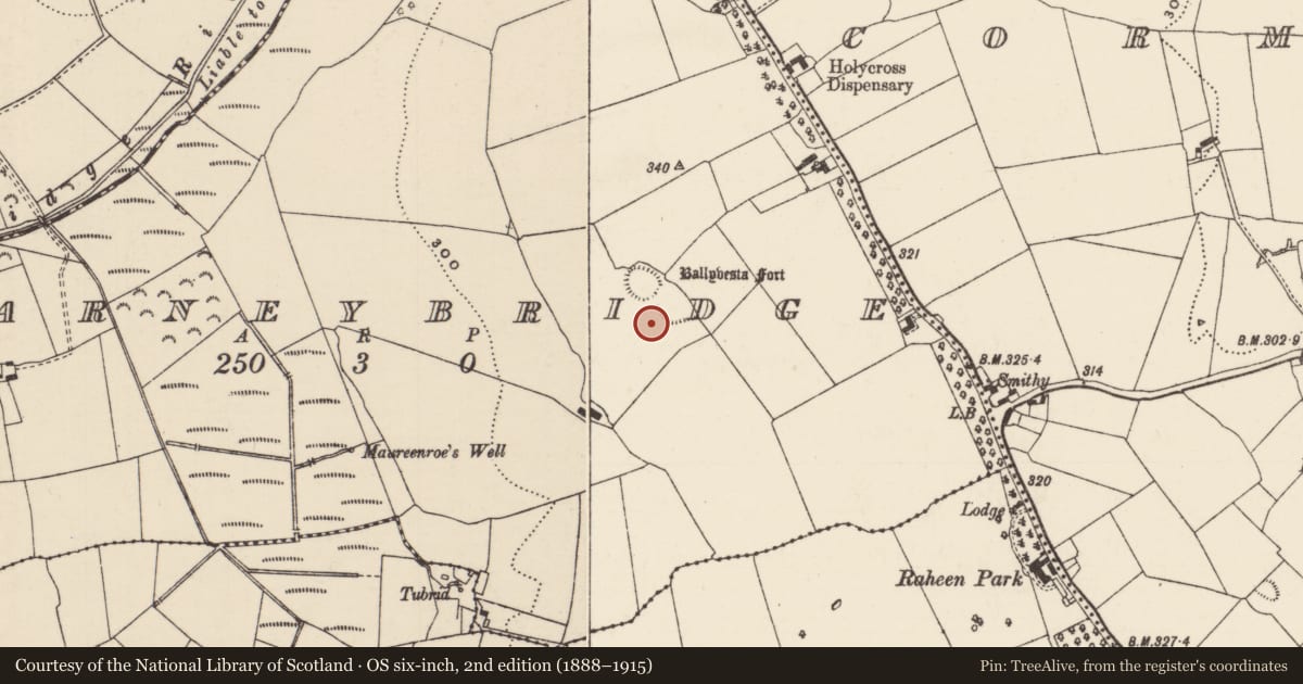 Ordnance Survey six-inch map, 2nd edition (1888–1915) covering the location of Enclosure, Farneybridge, County Tipperary North, with a pin at the register's coordinates