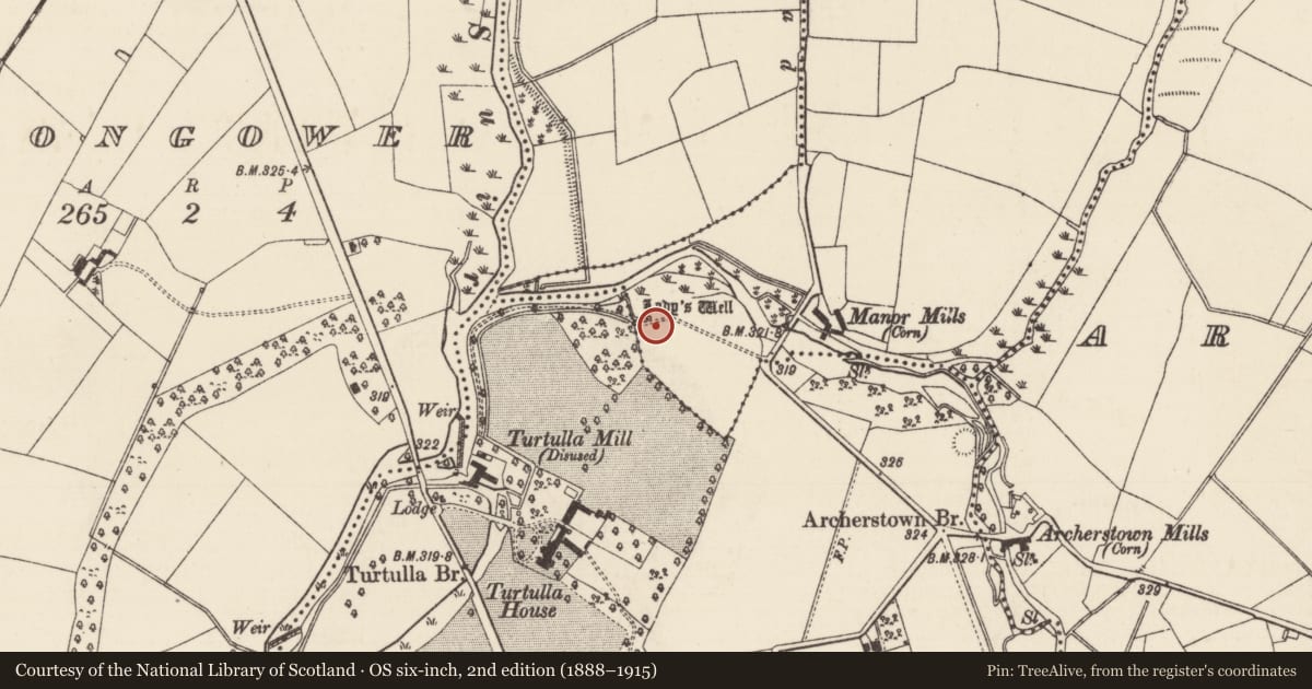 Ordnance Survey six-inch map, 2nd edition (1888–1915) covering the location of Ritual site - holy well, Mullauns, County Tipperary North, with a pin at the register's coordinates