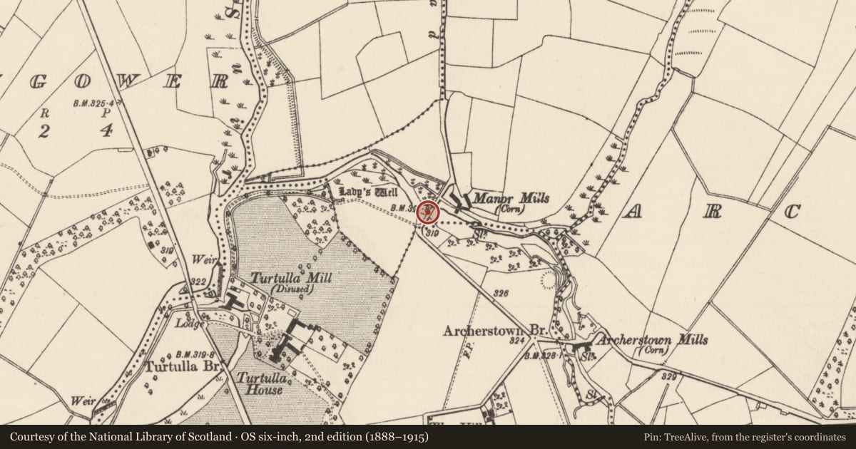 Ordnance Survey six-inch map, 2nd edition (1888–1915) covering the location of Bridge, Mullauns, Turtulla (Fertiana Par.), County Tipperary North, with a pin at the register's coordinates