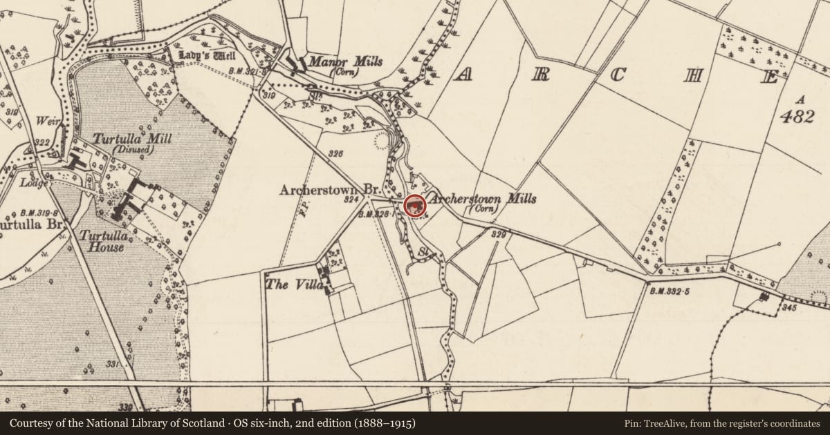 Ordnance Survey six-inch map, 2nd edition (1888–1915) covering the location of Water mill - unclassified, Archerstown, County Tipperary North, with a pin at the register's coordinates