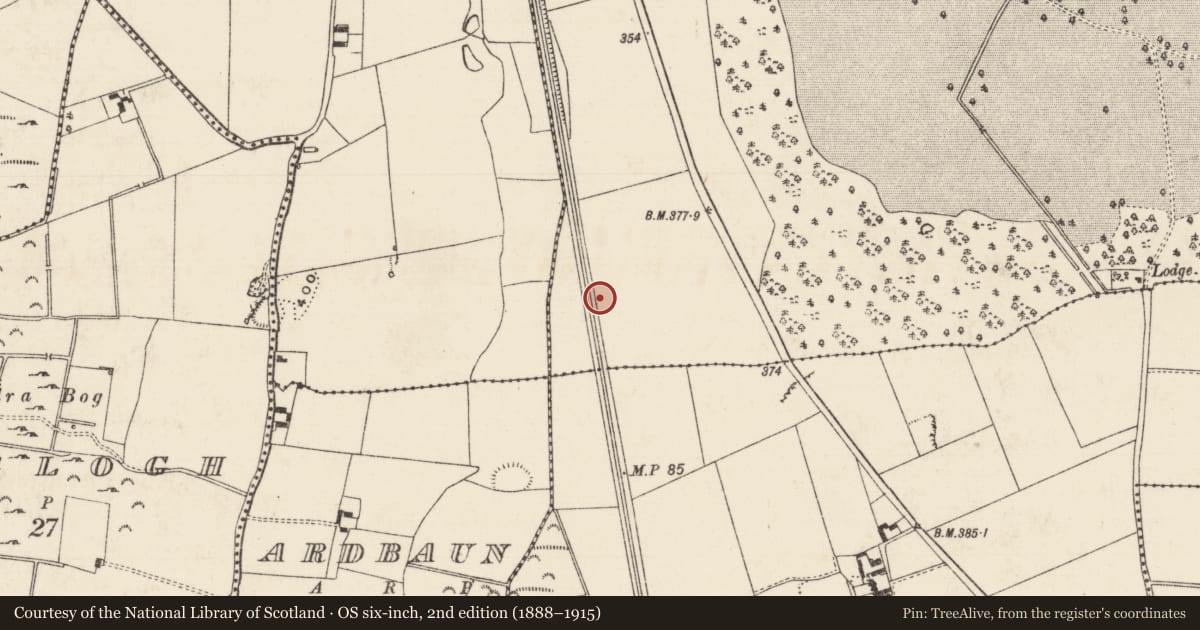 Ordnance Survey six-inch map, 2nd edition (1888–1915) covering the location of Earthwork, Brittas (Thurles Par.), County Tipperary North, with a pin at the register's coordinates