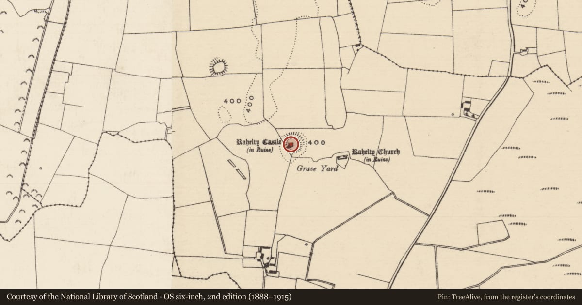 Ordnance Survey six-inch map, 2nd edition (1888–1915) covering the location of Castle - tower house, Rahelty, County Tipperary North, with a pin at the register's coordinates