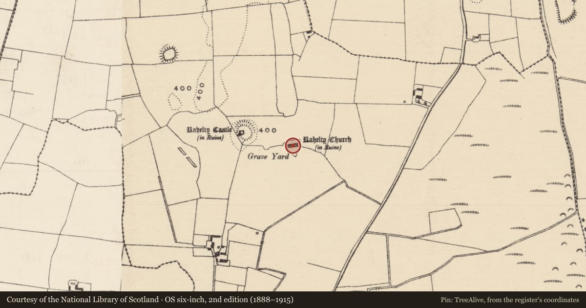 Ordnance Survey six-inch map, 2nd edition (1888–1915) covering the location of Enclosure, Rahelty, County Tipperary North, with a pin at the register's coordinates