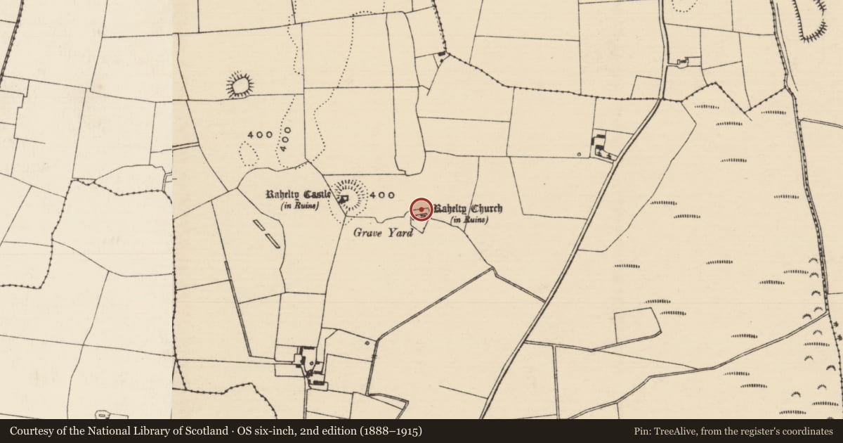 Ordnance Survey six-inch map, 2nd edition (1888–1915) covering the location of Graveyard, Rahelty, County Tipperary North, with a pin at the register's coordinates