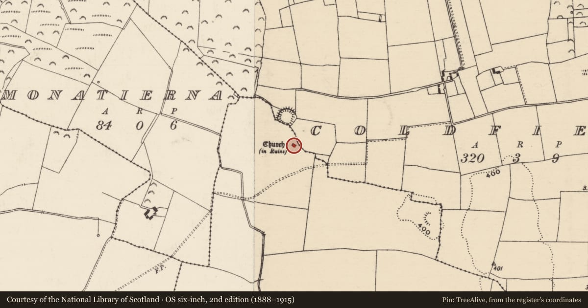 Ordnance Survey six-inch map, 2nd edition (1888–1915) covering the location of Church, Rathmanna (Twomileborris Par.), County Tipperary North, with a pin at the register's coordinates