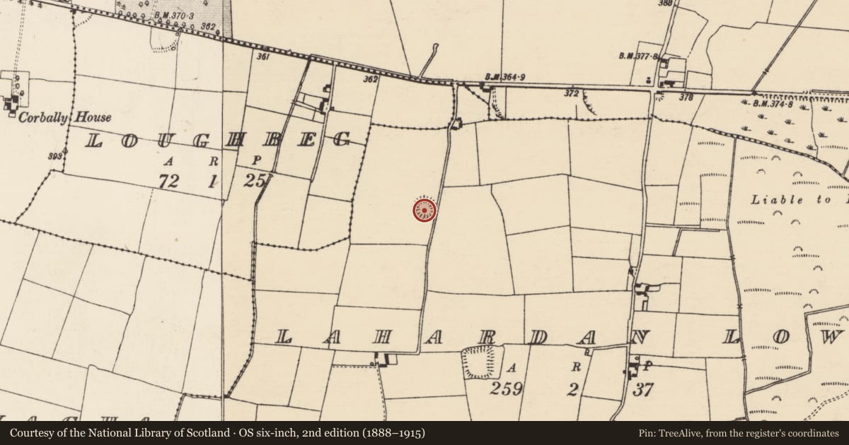 Ordnance Survey six-inch map, 2nd edition (1888–1915) covering the location of Ringfort - rath, Lahardan Lower, County Tipperary North, with a pin at the register's coordinates