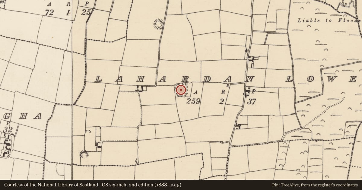 Ordnance Survey six-inch map, 2nd edition (1888–1915) covering the location of Moated site, Lahardan Lower, County Tipperary North, with a pin at the register's coordinates