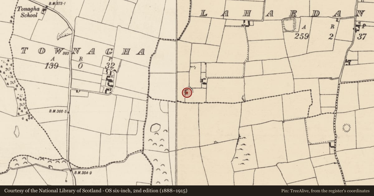 Ordnance Survey six-inch map, 2nd edition (1888–1915) covering the location of Ringfort - rath, Lahardan Lower, County Tipperary North, with a pin at the register's coordinates