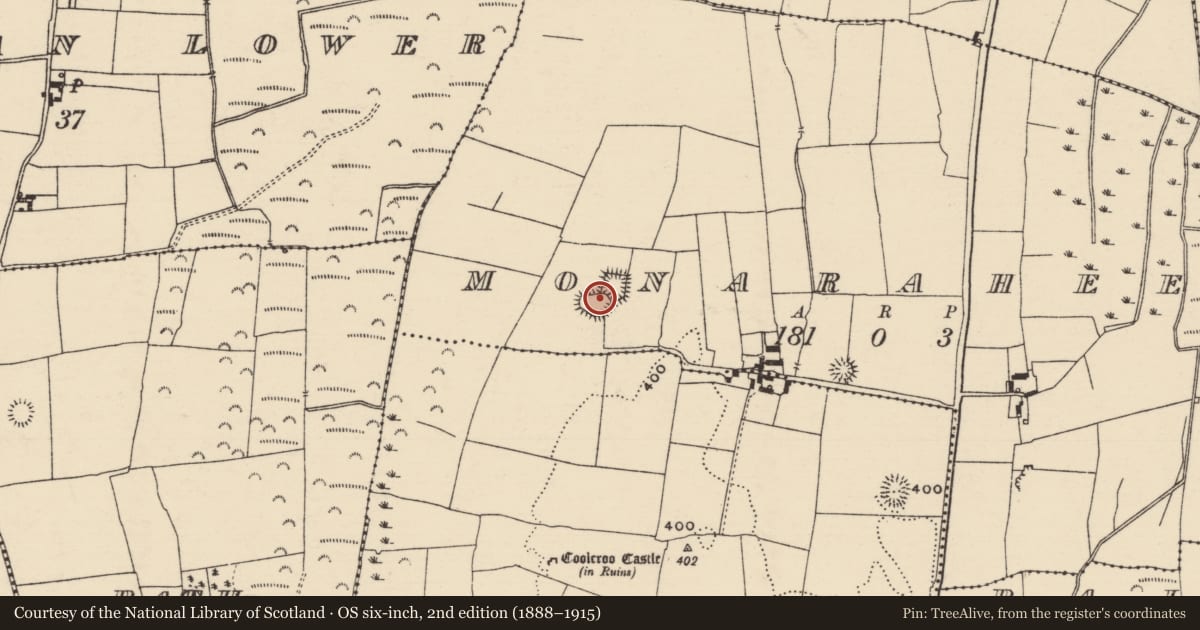 Ordnance Survey six-inch map, 2nd edition (1888–1915) covering the location of Enclosure, Monaraheen, County Tipperary North, with a pin at the register's coordinates
